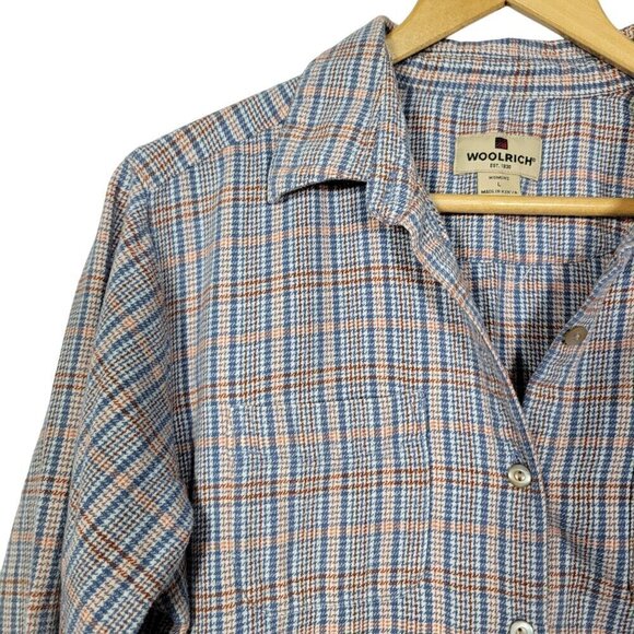 WOOLRICH Women's Light Blue Plaid Striped 100% Cotton Button Down Flannel Size L - Picture 2 of 14
